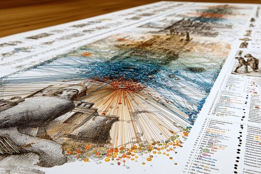 A detailed information design print showcasing interconnected data points, historical images, and intricate network lines.