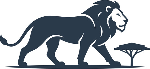 vector Minimalist logo African lion silhouette walking near acacia tree © Nabil