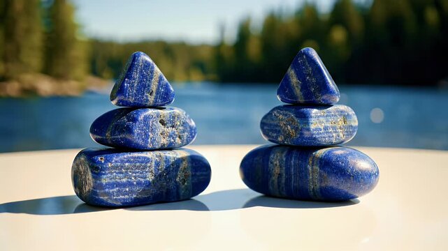 Two stacks of vibrant blue lapis lazuli stones are carefully balanced on a white surface, set against a blurred backdrop of a serene lake and lush green forest.