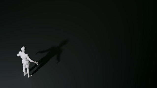 White 3d rendering of a human figure standing alone on a dark surface, casting a long, distinct shadow