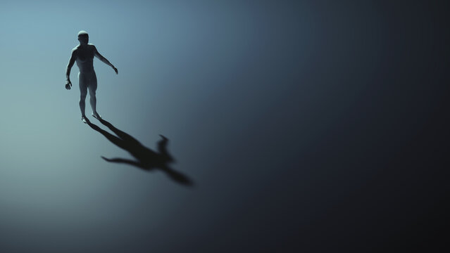 Person standing alone in vast empty space, casting a long shadow, representing loneliness, isolation, and introspection