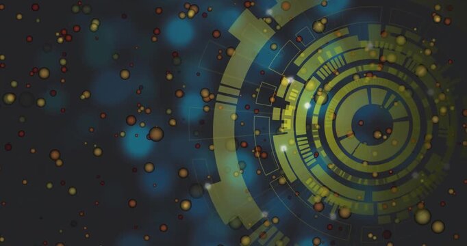 Vertical video: Timeline starting gold HUD rotating specks crossing HUD and bokeh forming tech loop