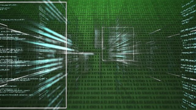 Square frame shifting right with code panels appearing and sending cyan streaks, showing data flow