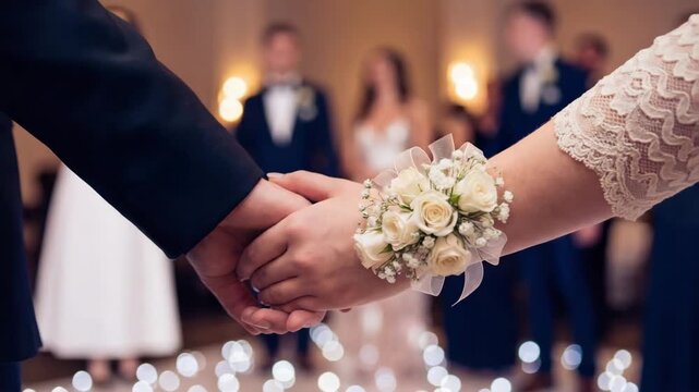 Close view of a bride and groom gently touching during a formal marriage moment, with elegant attire and soft lighting, capturing emotion, tradition,