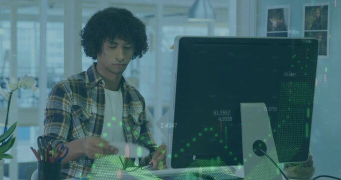 Comparing paper circle, man in plaid shirt raising glasses holding disc to screen at office, charts