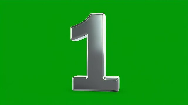 A gleaming, chrome-finished number one rotates against a vibrant green screen, suggesting a dynamic and versatile visual element for digital projects.