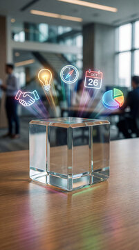 Vertical photo of a glass cube projecting holographic business strategy icons. Futuristic corporate concept with neon symbols for teamwork, innovation, planning, and data analysis