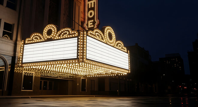 Dramatic illumination of a classic movie palace marquee creating a vibrant urban night scene