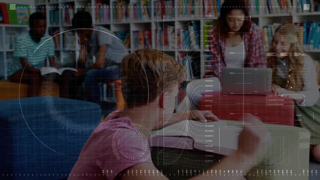 Male student flipping book in school lounge, HUD overlay marking text while peers using laptop