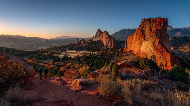 Sunrise over red sandstone spires at Garden of the Gods, Colorado Springs