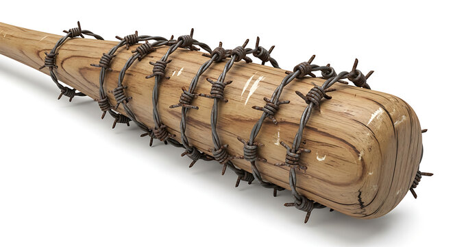 Aggressive wooden baseball bat wrapped in sharp barbed wire, a symbol of danger and rebellion