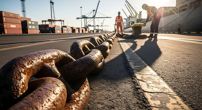 Massive anchor chain in a shipping port with dockworkers overseeing operations at sunrise