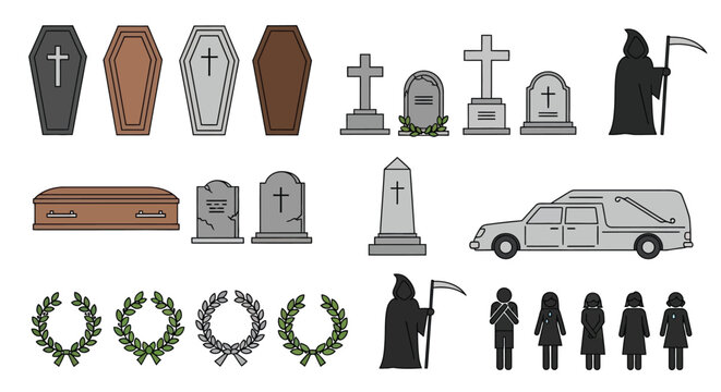 Illustrative collection of death related symbols including coffins graves and mourners