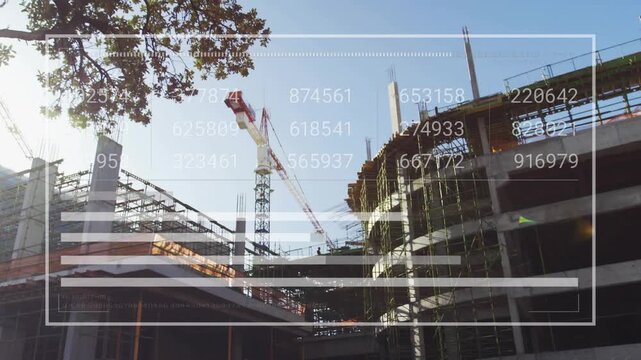 HUD overlay appearing on worker motion, updating numeric bars, crane jib shifting to show progress