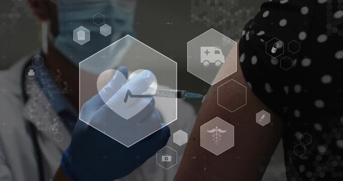 Clinician aligning syringe to arm, piercing skin and vaccinating while medical hex icons overlaying