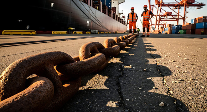 Dockworkers overseeing a large ship's anchor chain at a busy shipping port with cargo cranes in the background