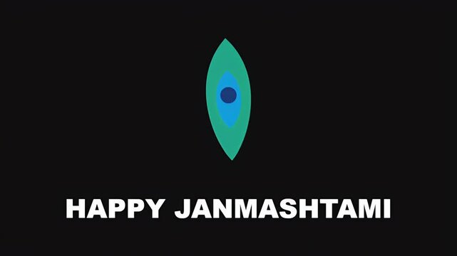 A minimalist graphic design featuring a stylized peacock feather symbol for the celebration of happy janmashtami