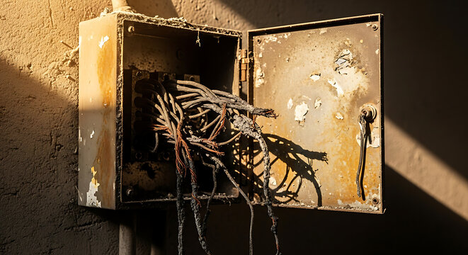 Burnt electrical box with exposed frayed wires, hazardous and dangerous system failure
