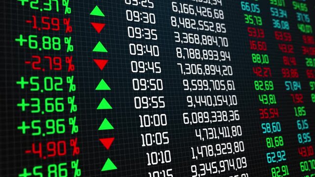 Price and arrow up and down of stock value in market table trading, report investment financial stock economy market screen display, information trade concept