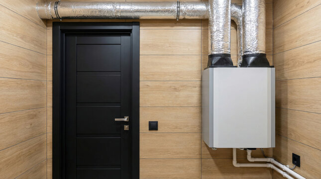 Modern house energy efficiency passive heating system in utility room with insulated air duct and boiler unit