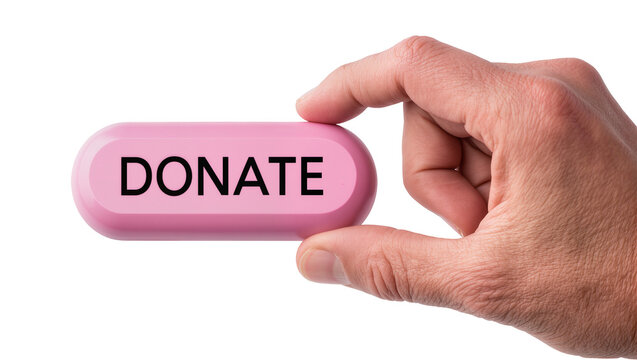 Pink Donate Button Held by Male Human Hand
