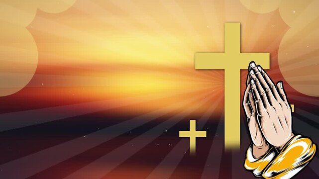 Sunset Prayer with Calvary Crosses Background. Three Crosses Faith Header. Motion Studio Christian Set.