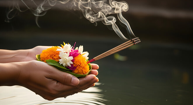 Offering of incense and flowers by hands on water with smoke and light