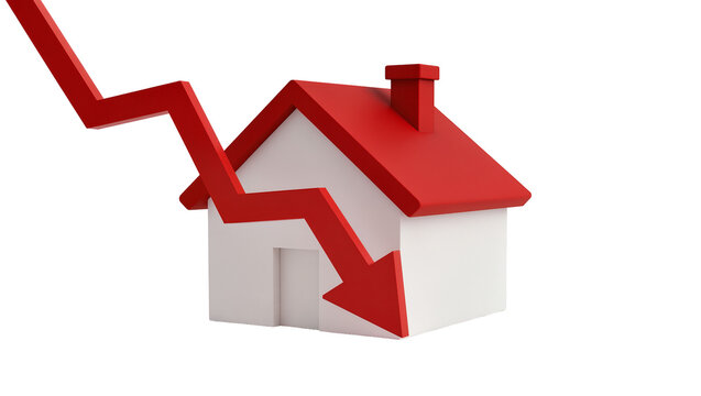 Red Downward Trend Arrow Over White House Building Model