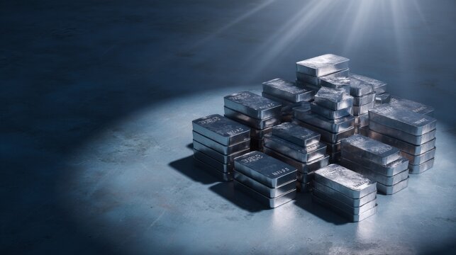 Silver Ingots Stacked in a Dimly Lit Warehouse with Rays of Light Shining Down, Emphasizing Wealth and Industrial Setting