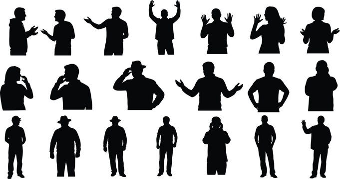 Collection of male silhouettes showing communication, gestures and emotions, business and casual people poses, body language concept, isolated black illustration set
