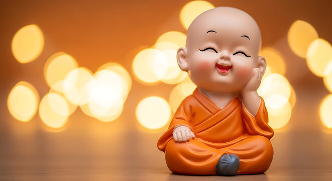 Zen Buddhist Monk Statue Smiling Blissfully in Soft Bokeh Lights - Peaceful Serenity