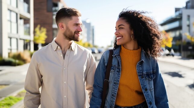 Smiling couple walks together on a sunny urban street, looking at each other in casual fall outfits.