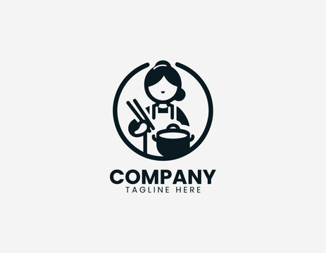 Woman cooking with chopsticks and pot black vector logo illustration isolated on white background