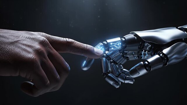 A striking image depicts a human hand reaching towards a robotic hand, symbolizing the convergence of humanity and artificial intelligence in a dramatic, dark setting.