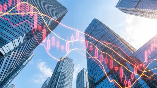 Real estate market crash crisis recession bankruptcy risk collapse debt in financial district skyline with falling chart and candlestick data showing economic downturn and panic trading loss