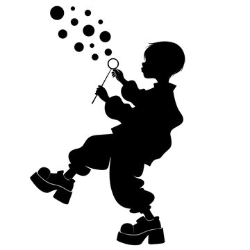 Black silhouette child blowing bubbles, playful kid with wand, bubble blower vector