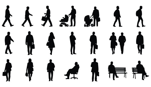 Vector Set of Walking, Standing, and Sitting People Silhouettes for Architectural Visualization

