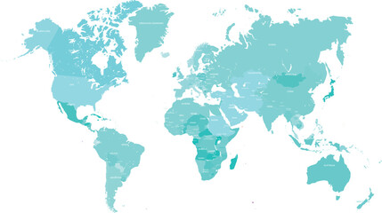Obraz premium Monochromatic Teal World Map Illustration with Labeled Countries and Textured Minimalist Design