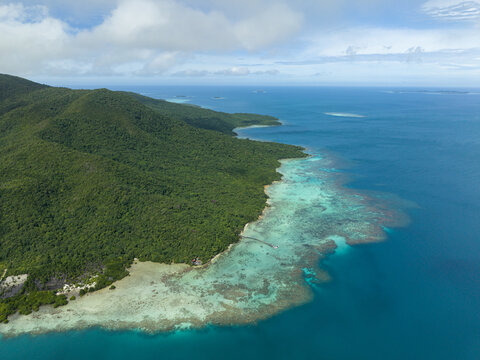 Aerial view of the lush green island meeting the turquoise sea, a symphony of nature's palette, Karimunjawa, Central Java, Indonesia.