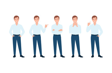 Obraz premium Five cartoon business casual men standing with various gestures on a clean white background