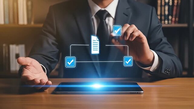 Business in suit approving digital documents with checkmarks on virtual interface modern office