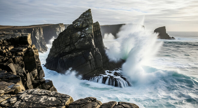 Waves crash against dramatic ocean cliffs with rugged rocks and spray