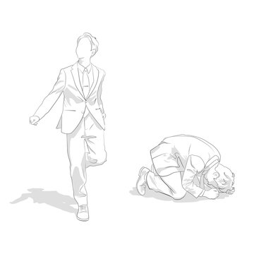 スキップして喜ぶ若い男性と、うずくまって頭を抱える男性のビジネスマン・イラストセット（ポジティブ・ネガティブ）