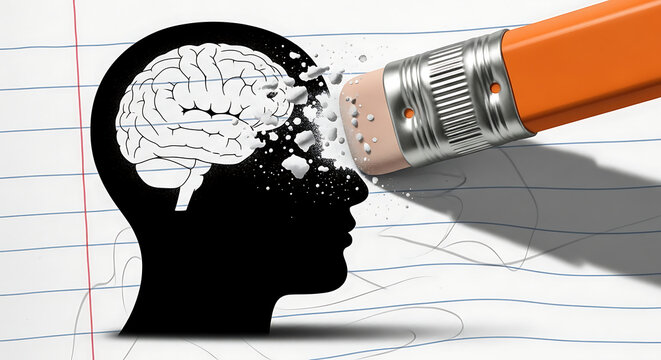 Conceptual image of an eraser removing parts of the human brain, symbolizing memory loss and cognitive decline