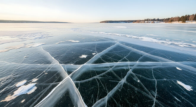 Frozen lake displays cracked ice pattern at sunrise with trees in background on a clear day