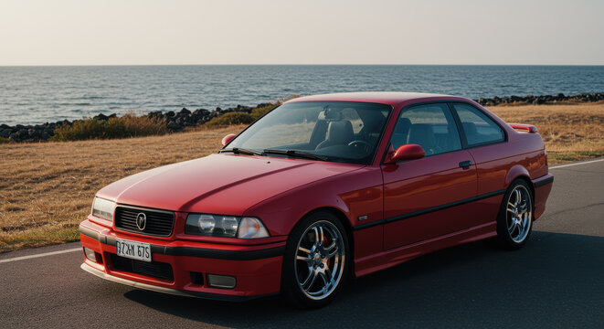 Red BMW coupe parked by the ocean at sunset automobile