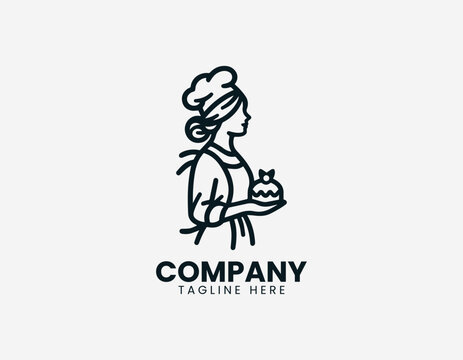 Female baker holding cake simple black vector logo illustration isolated on white background