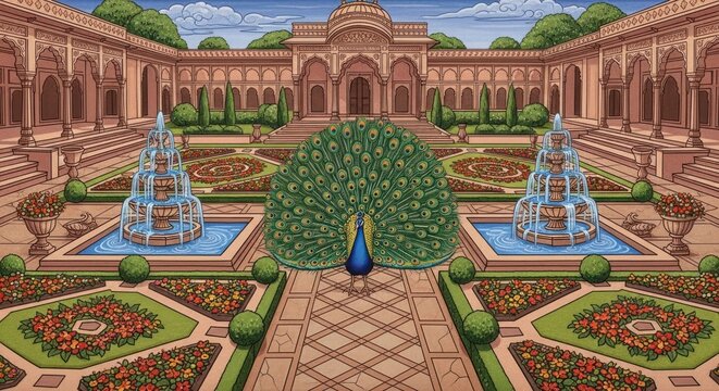Magnificent Peacock Displayed in an Ornate Courtyard Garden.