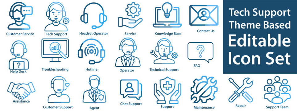 Tech support and customer service icon set featuring help desk, technical assistance, hotline, support, live chat, maintenance, troubleshooting, and call center agent symbols