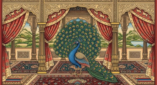 Magnificent Peacock Displayed in Opulent Palace Courtyard.
